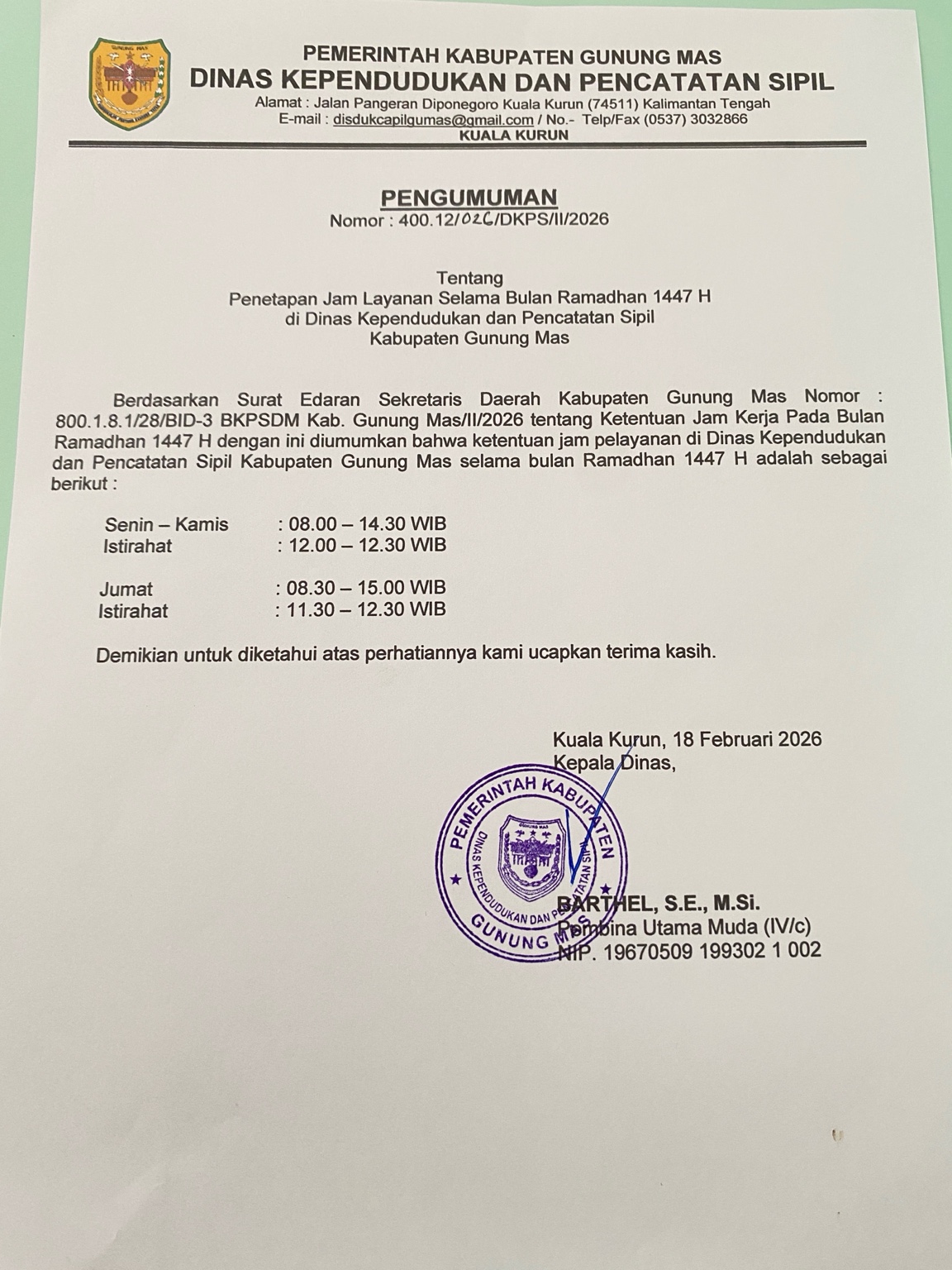 Disdukcapil Gunung Mas Tetapkan Jam Layanan Selama Bulan Ramadhan 1447 H